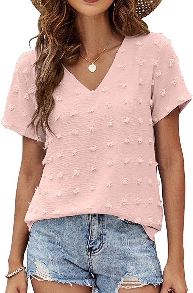 ASKSA Damen Bluse Chiffon Kurzarm V-Ausschnitt Jacquard Pom Pom Tshirt Tops Einfarbig Basic Oberteile, Rosa, XXL