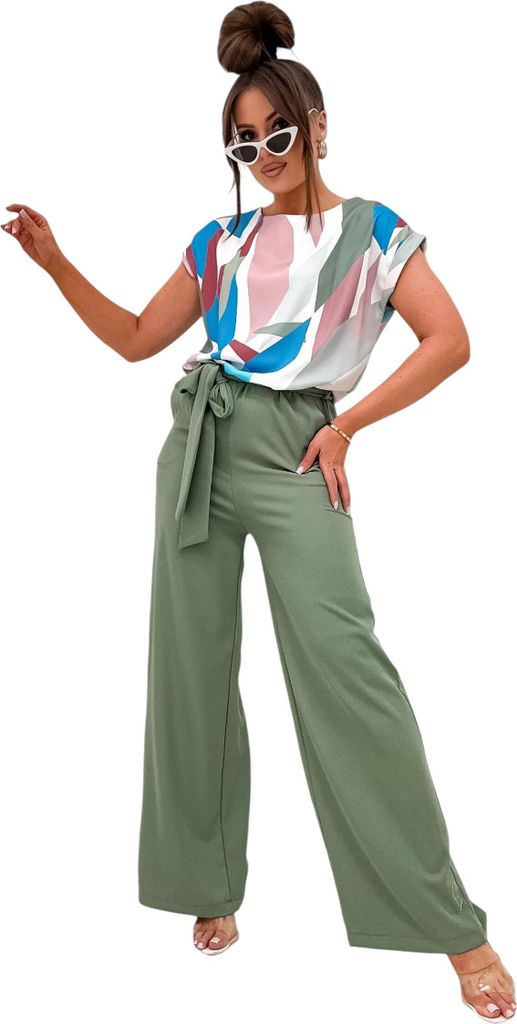 Damen Jumpsuit mit Weiten Hosenbeinen Overall Look Khaki/S/36