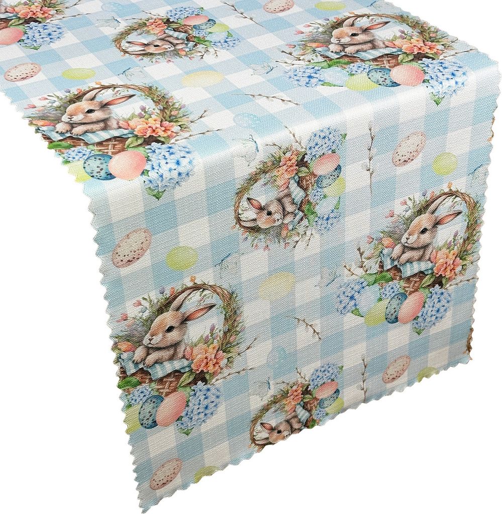 Fleckenresistente Tischtuchläufer Ostereier Hase Kariert Blau 45x160