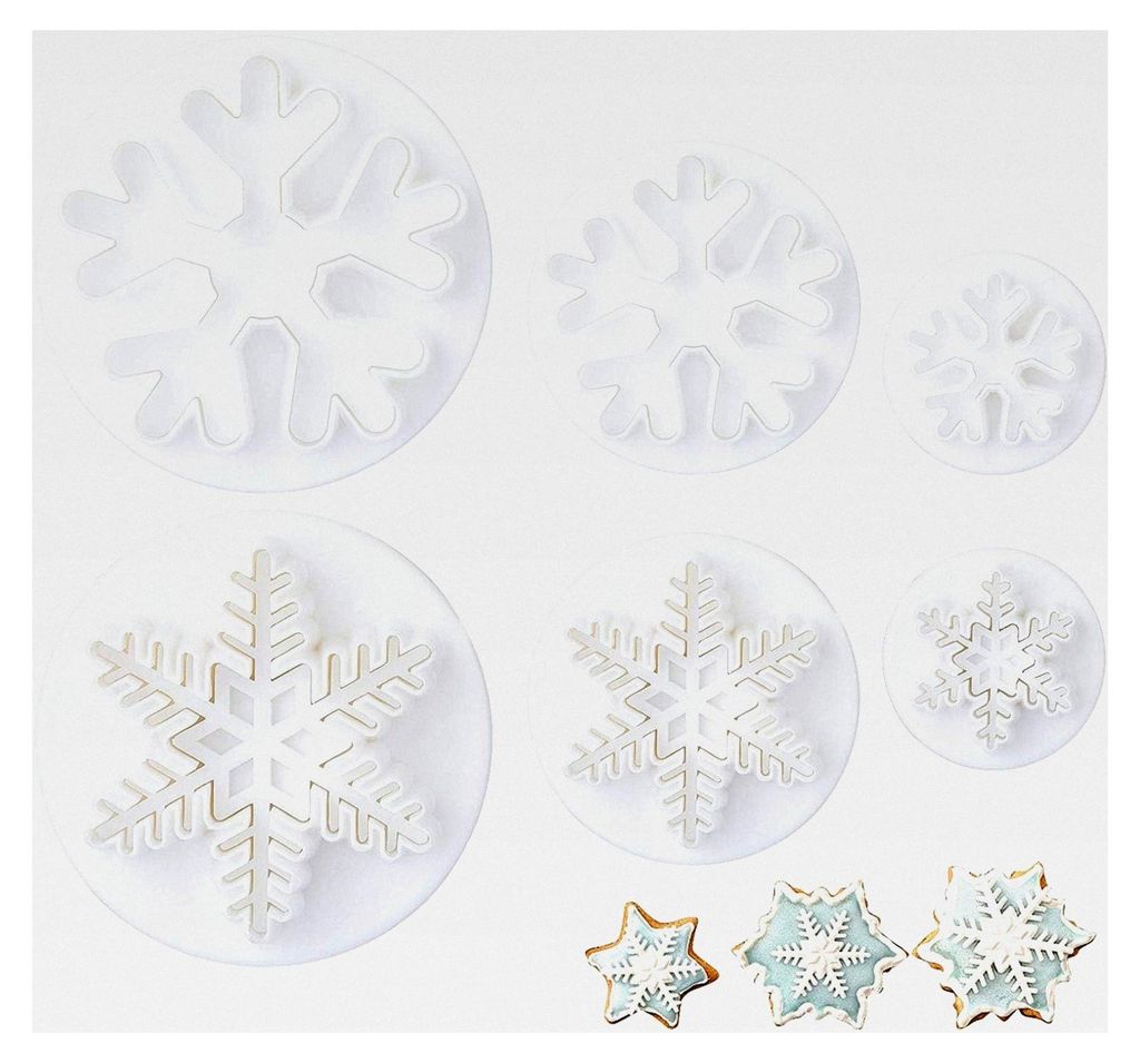 6× Ausstecher in Schneeflockenform für Fondant, Weihnachtsdekoration und Backzubehör für Kekse, Torten und Schokolade