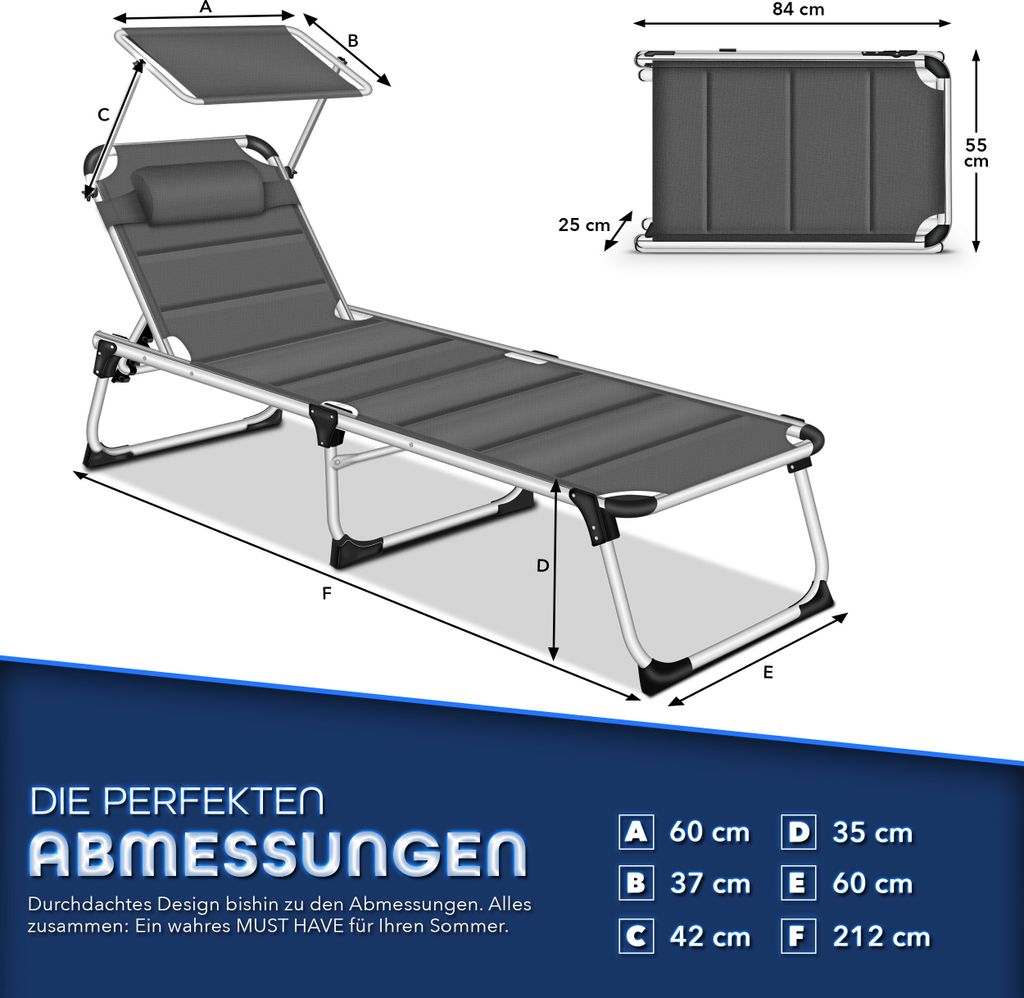 tillvex® Sonnenliege mit Dach und Kopfkissen Anthrazit - Produktbild 5