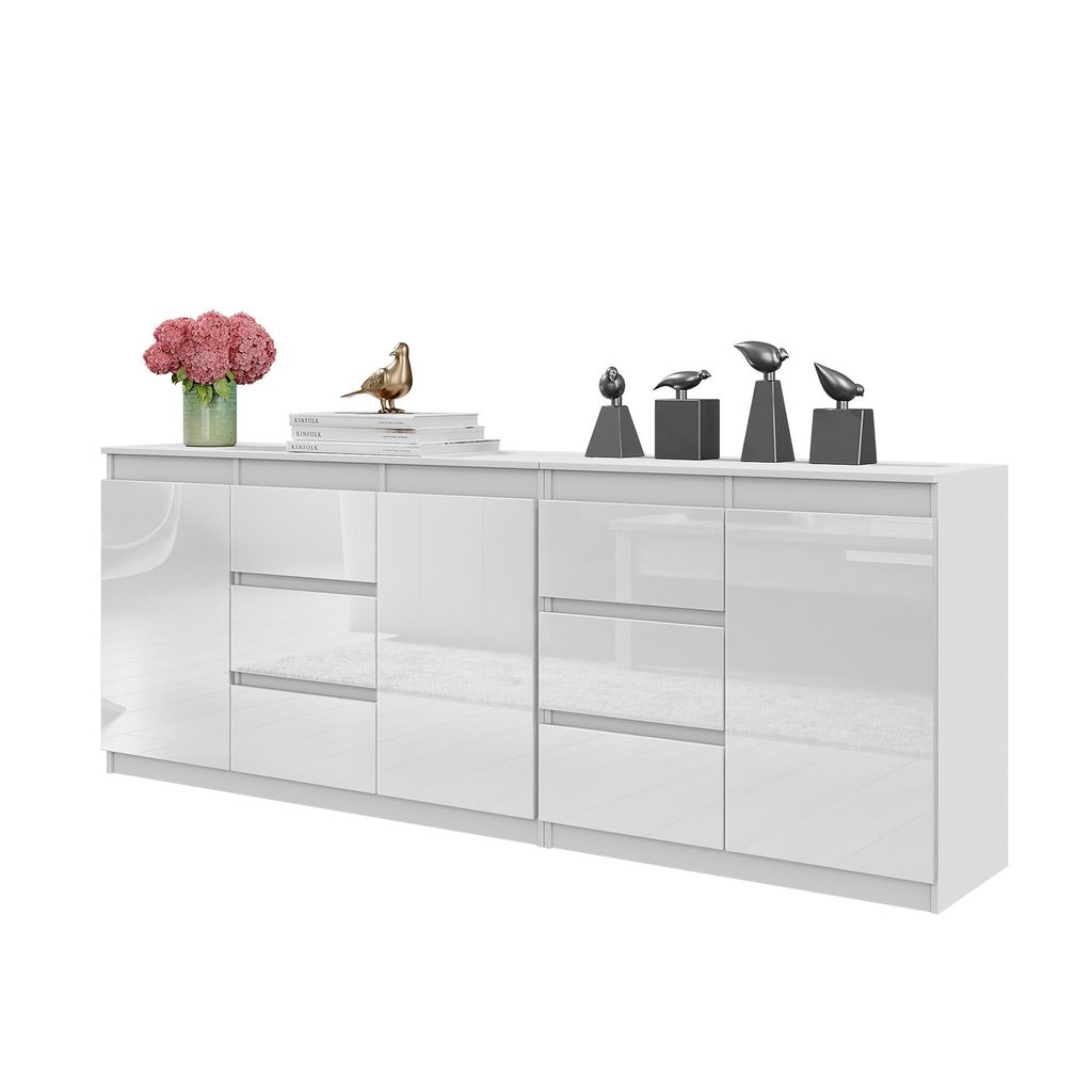 Kommode 200 Cm – Weiß Matt / Weiß Hochglanz, 6 Schubladen, Produktbild 
