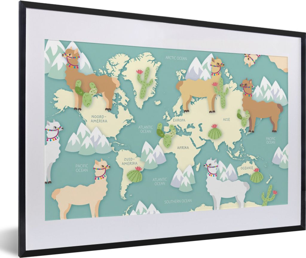 MuchoWow MuchoWow Gerahmtes Poster Weltkarte - Alpaka - Berge 60x40 cm - Poster mit zchwarzem Bilderrahmen - Schlafzimmer - Plakat in Rahmen - ...