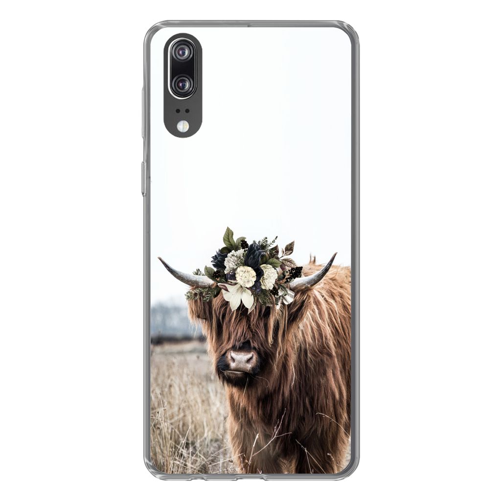 MuchoWow Handyhülle Schutzhülle Hülle für Huawei P20 Schottischer Highlander - Blumen - Tiere Silikon Softcase Handy Hülle - Hardcover