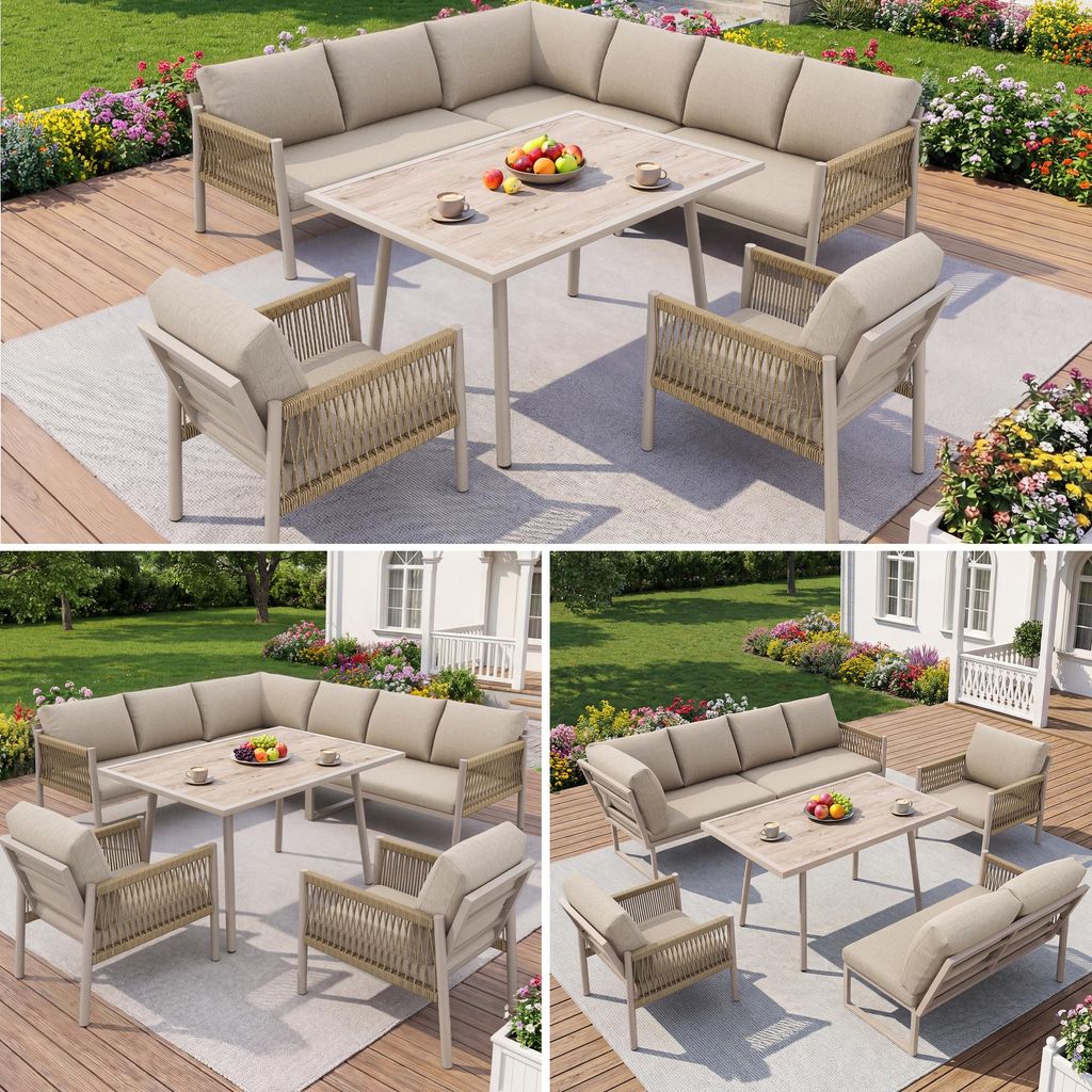 Gartenlounge Set 7-8 Personen L-Form - 6-teilige Gartenmöbel Sitzgruppe mit Esstisch Holzoptik & 2 Sessel - Wetterfestes Outdoor Sofa mit Seilflec...