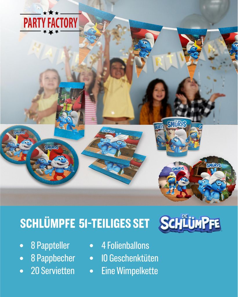 Die Schlümpfe 51-tlg. Party Set – Deko mit Bechern Tellern Produktbild 