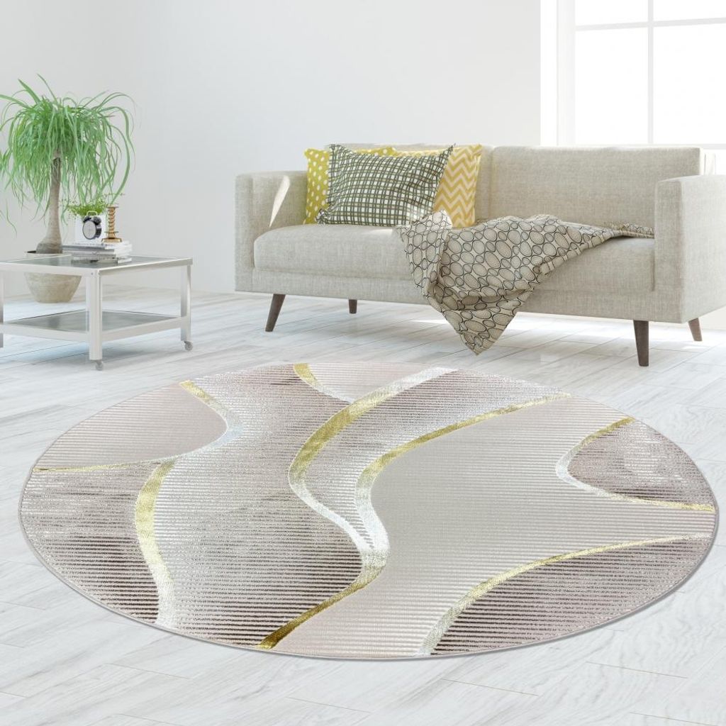 Kurzflorteppich Creme geschwungene Linien Glanzoptik weich pflegeleicht für Wohnzimmer Schlafzimmer Größe - 200 cm Rund