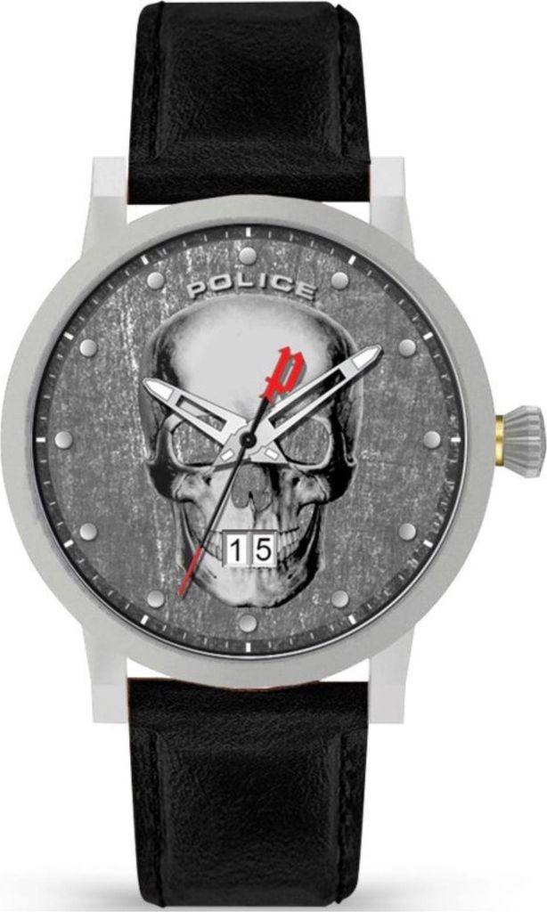 A close-up studio shot of a Police brand watch with a skull design on the face.