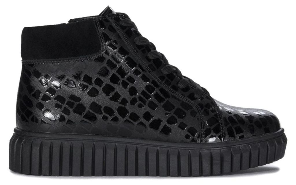 Damen Plateau-Schuhe Schwarz mit Leopardenmuster, Naturleder und Fleece-Futter