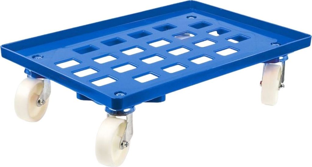 Transportroller für Euroboxen 60x40cm mit Kunststoffräder blau | Gitter/Rasterdeck | 2 Lenkrollen & 2 Bockrollen | Traglast 300kg | Kistenroller ...