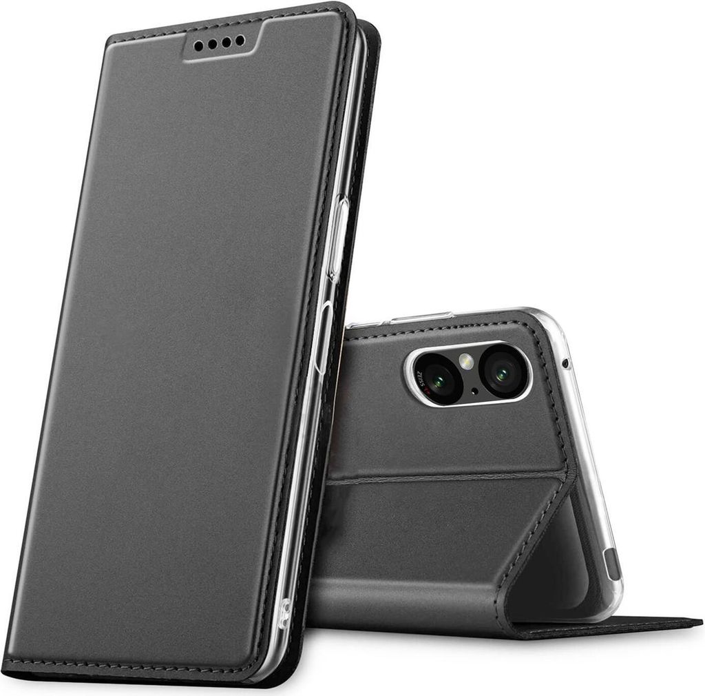 Conie Ultra Slim Klapp Tasche für Sony Xperia 5 V Kartenfach Hülle Rundumschutz in Anthrazit / Grau