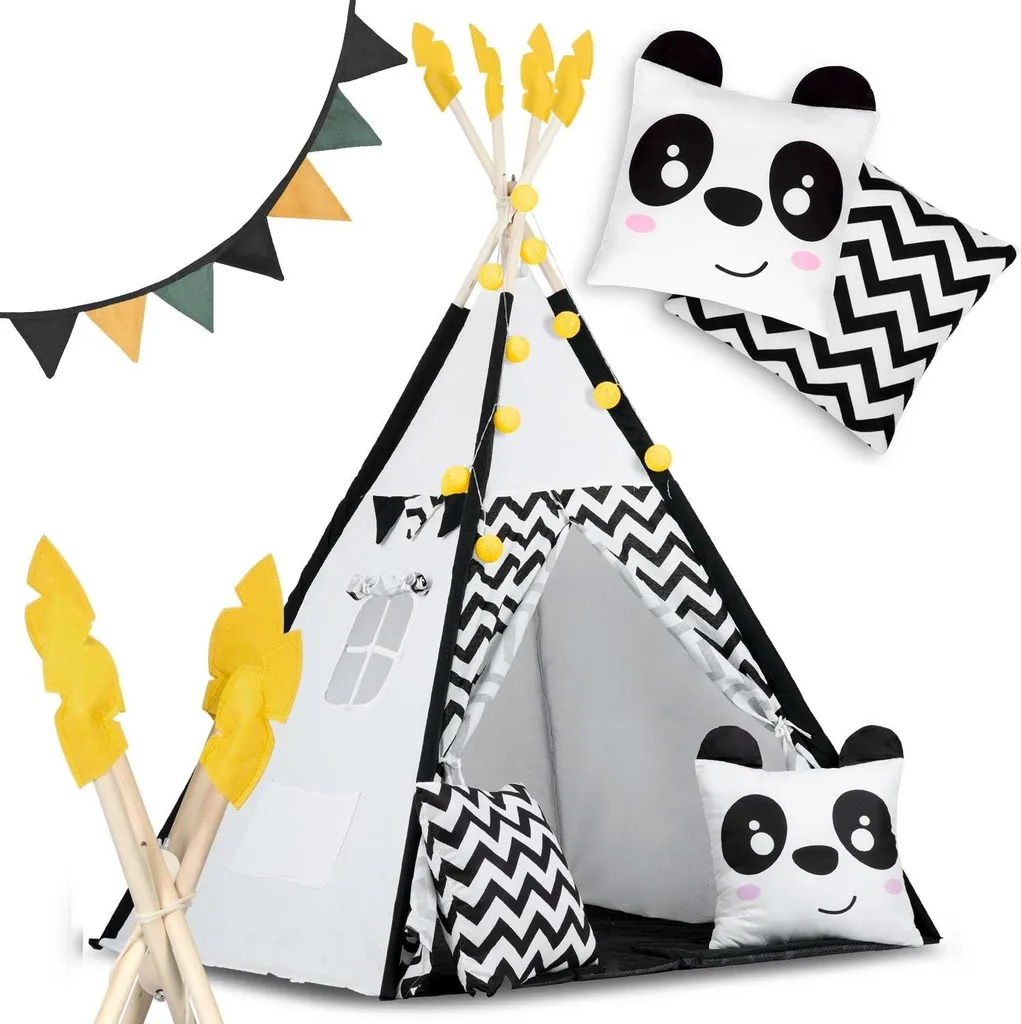 Tente tipi enfant Nukido avec guirlandes lumineuses, motif panda noir