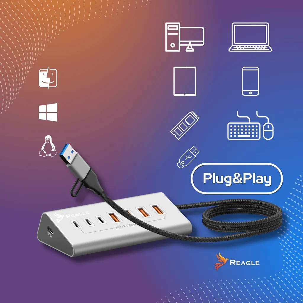 Hub USB Actif Reagle 7 Ports USB 3.2 Évite les Déconnexions PC