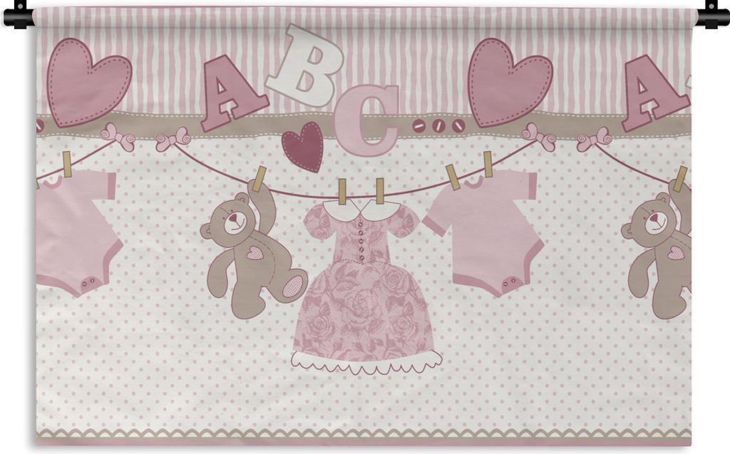 MuchoWow Wandteppich Wandbehang Babykleidung - Mädchen - Teddybär - Wäscheleine - Design 90x60 cm Tapisserie Dekoration Wandtuch - Wandskulptu...