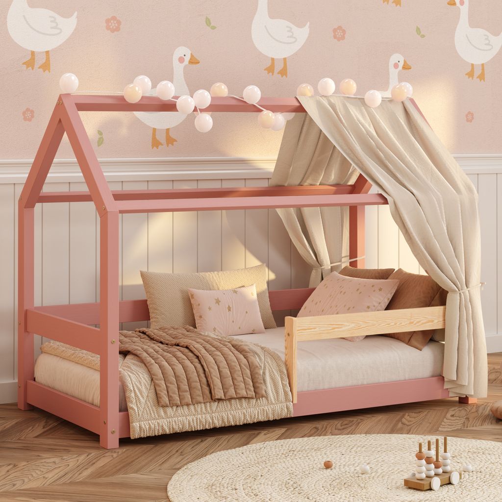 Hausbett 90x200 - Bodenbett Kinderzimmer mit Lattenrost und Rausfallschutz - Rosa - Montessori Bett für Kinder Milo Massivkiefernholz | Smartwood