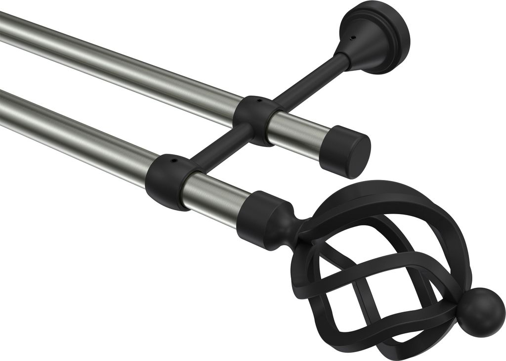 Interdeco Gardinenstange / Vorhangstange Edelstahl-Optik / Schwarz, Typ Primus Paolo (Schmiedekugel), 16 mm Ø 2-läufig, 140 cm