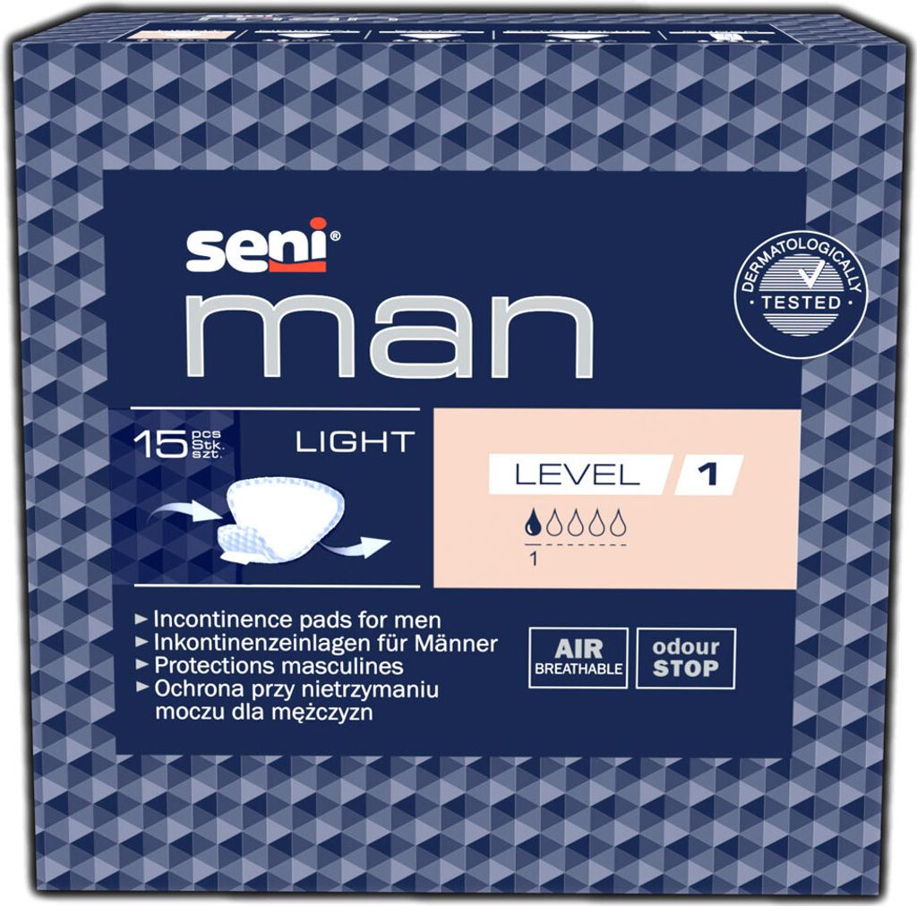 The image shows the front of a product box for Seni Man incontinence pads.