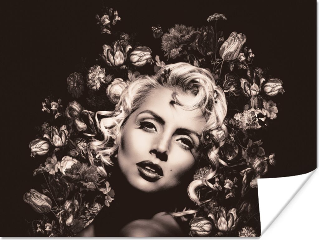MuchoWow Poster Frau - Schwarz - Weiß - Blumen 120x90 cm - Wandbild