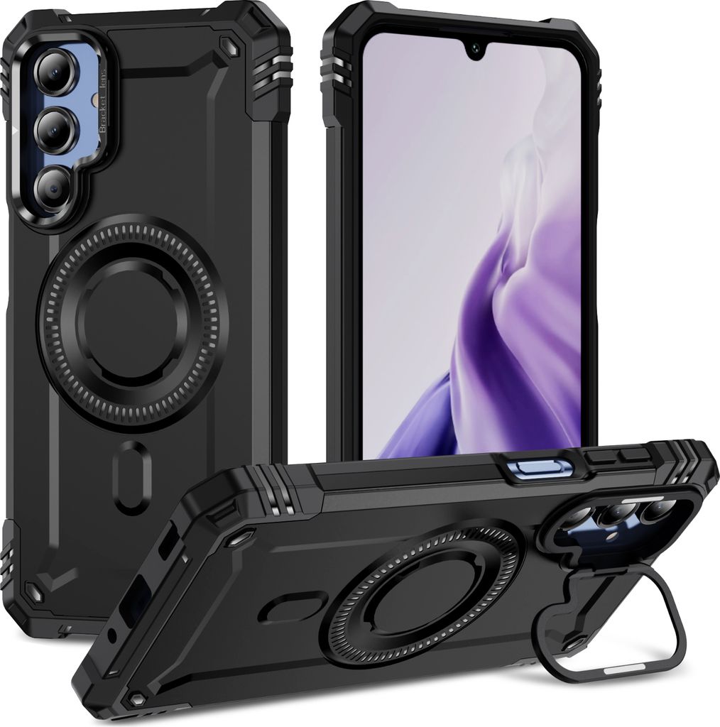 Magnetisch Hülle für Samsung Galaxy A16 5G/4G, Heavy Duty Militärischer Stoßfest Handyhülle Kamera-Ringständer Schwarz