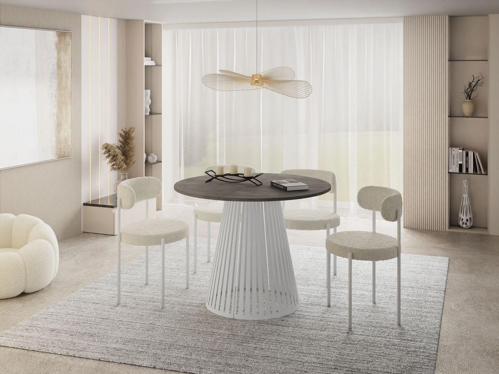 Esstisch Rund Ausziehbar mit Lamellen im Loft-Stil – 120 bis 200 cm – Industrieller Tisch mit Weißen Metallbeinen, Platzsparend für Wohnzimme...