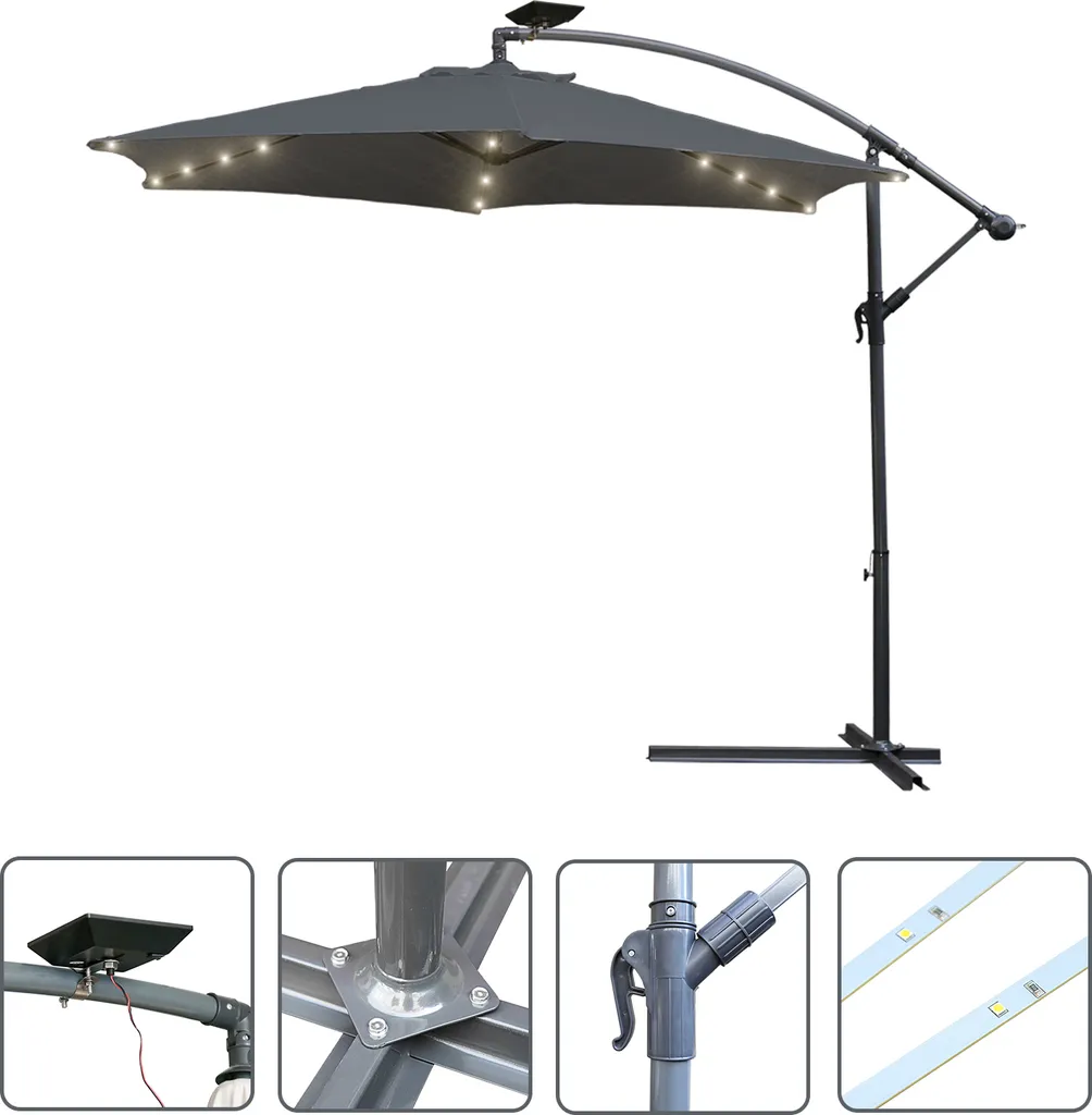 SWANEW Ombrello a semaforo 350cm Illuminazione a LED e manovella - Protezione UV idrorepellente pieghevole - Ombrellone da mercato - Grigio