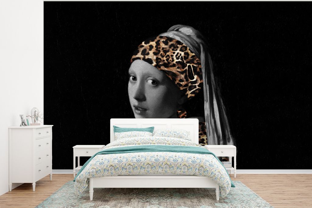 MuchoWow Fototapete für Wohnzimmer oder Schlafzimmer Wandtapete Vinyl Motivtapete Gemälde - Mädchen mit Perlenohrring - Panther - 350x260 cm -...