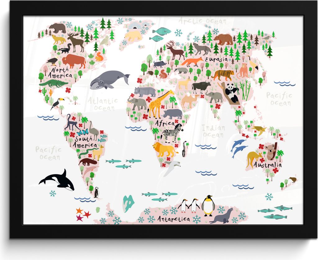 MuchoWow MuchoWow Gerahmtes Poster Weltkarte - Kinder - Tiere 40x30 cm - Poster mit zchwarzem Bilderrahmen - Kunstposter - Wanddekorationen