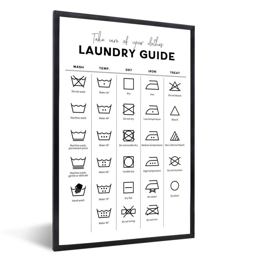 MuchoWow Gerahmtes Poster Waschanleitung - Waschmaschine - Symbole 40x60 cm - Poster mit Schwarzem Bilderrahmen Wandposter Rahmen Foto Bilder - P...