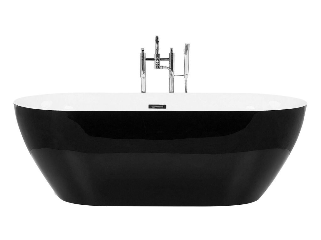 BELIANI Badewanne Schwarz Acryl Oval Freistehend 150 x 75 cm mit Überlaufsystem Modern Badezimmer Ausstattung