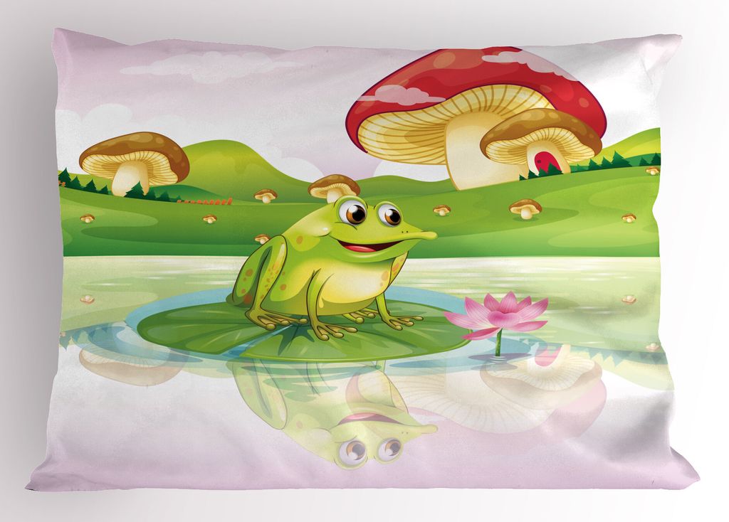 ABAKUHAUS Tier Kopfkissenbezug, Illustration des netten Frosches auf Seerose mit Pilzen auf dem Hintergrund Nature See, 40x80 cm, Mehrfarbig