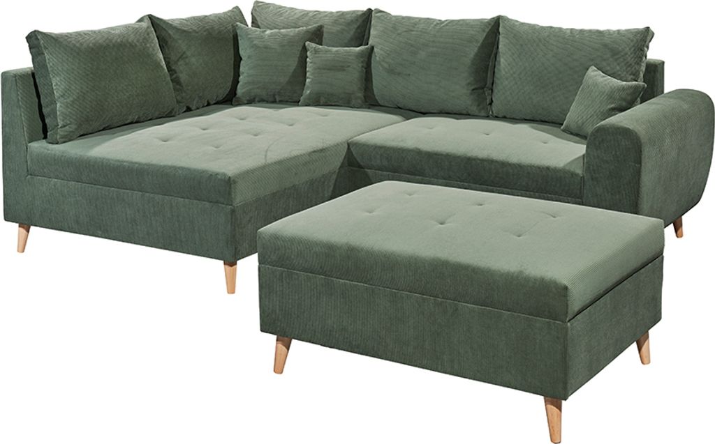 Ecksofa mit Hocker und 8 Kissen in grün, L-Form mit Recamiere links, Serie CUNEO-09