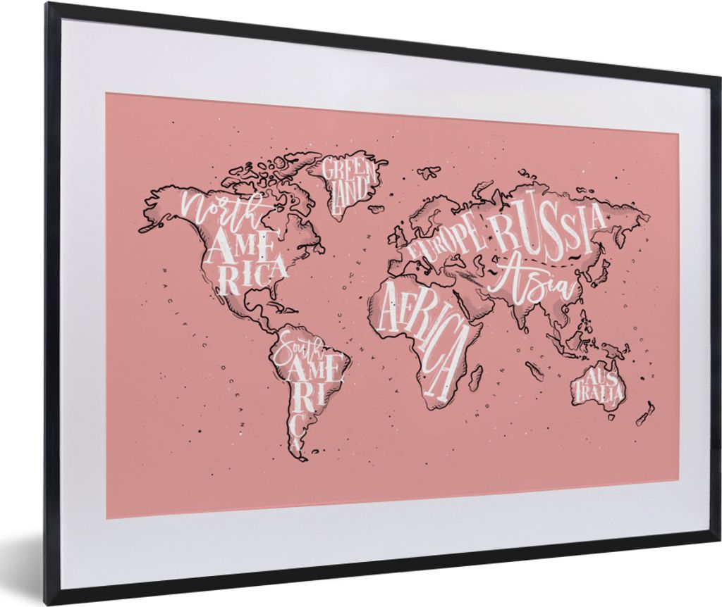 MuchoWow MuchoWow Gerahmtes Poster Weltkarte - Rosa - Briefe 60x40 cm - Poster mit zchwarzem Bilderrahmen - Schlafzimmer - Plakat in Rahmen - D...