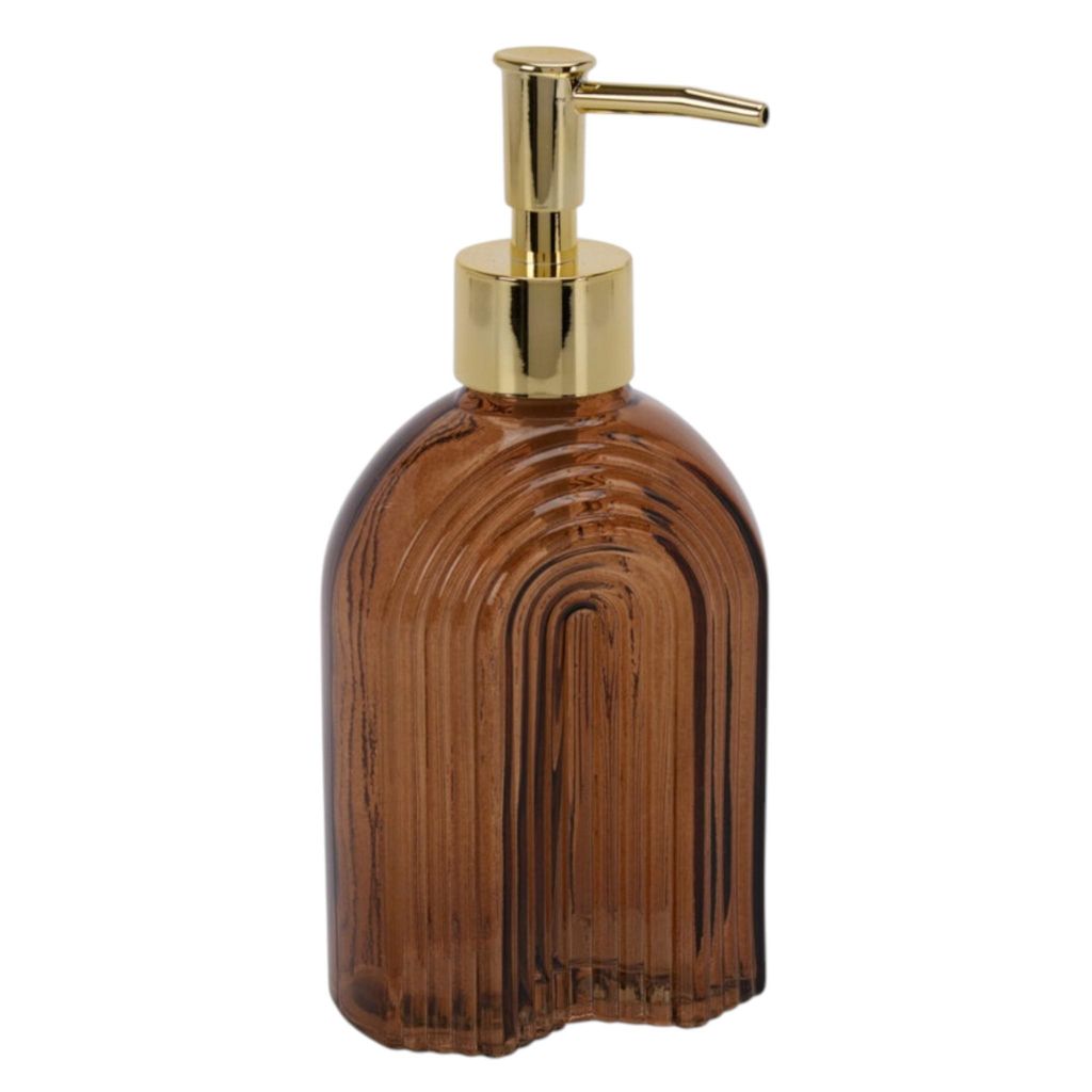 Seifenspender Retro braun gold Glas Pumpkopf Flüssigseifenspender