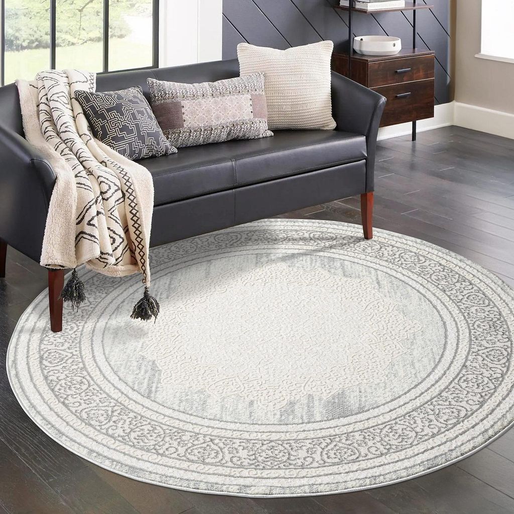 Teppich Wohnzimmer Kurzflor - Grau - 200 cm Rund - Klassisch Modern Ornamente, Bordüre
