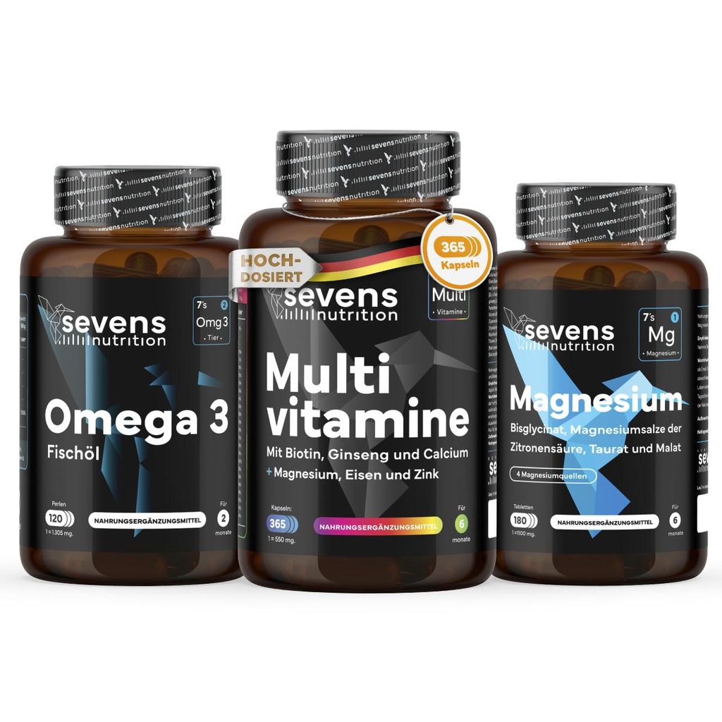 Energie Pack - Multivitamin 365 Kapseln + Magnesium Komplex 180 Tabletten + Omega 3 Fischöl 120 Perlen - Sevens Nutrition
