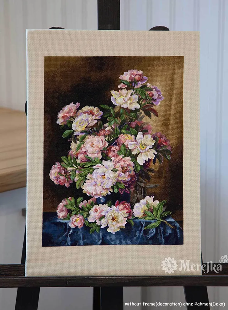 Broderie Point de Croix Compté Merejka : Tableau Fleuri Pivoines