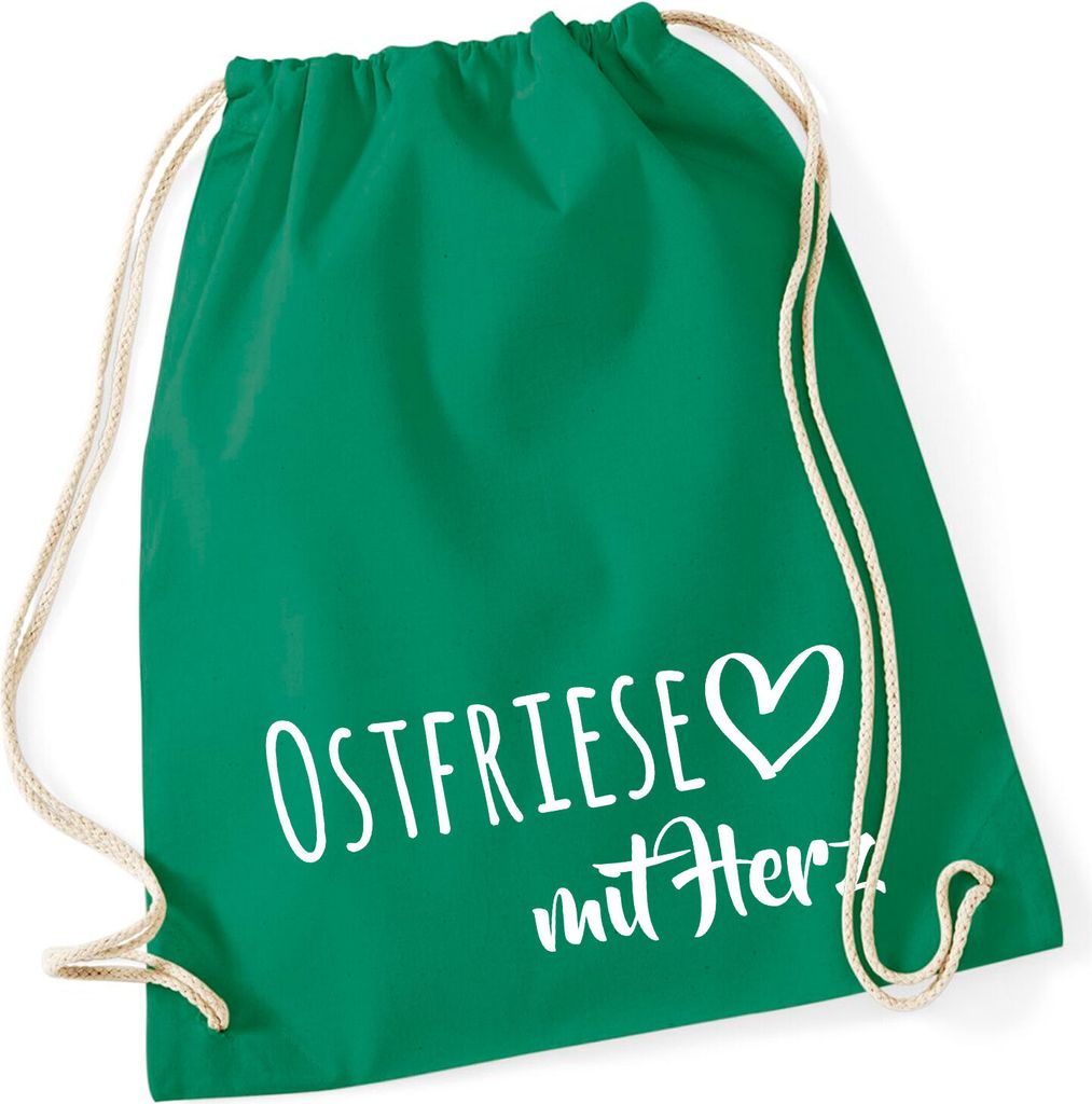 Huuraa Turnbeutel Ostfriese mit Herz 12 Liter Kelly Green Baumwolle Rucksack Geschenkidee