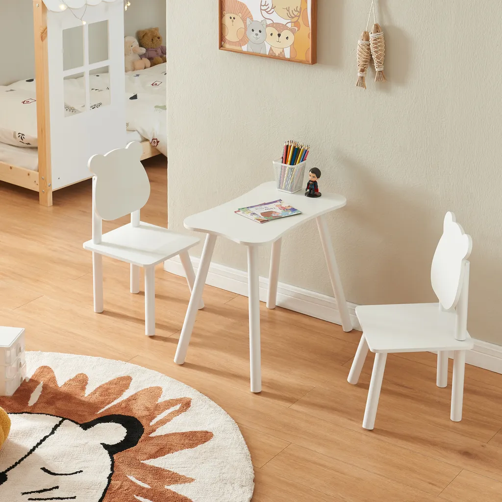 Mobilier de chambre enfant table et 2 chaises oursons blanc et bois
