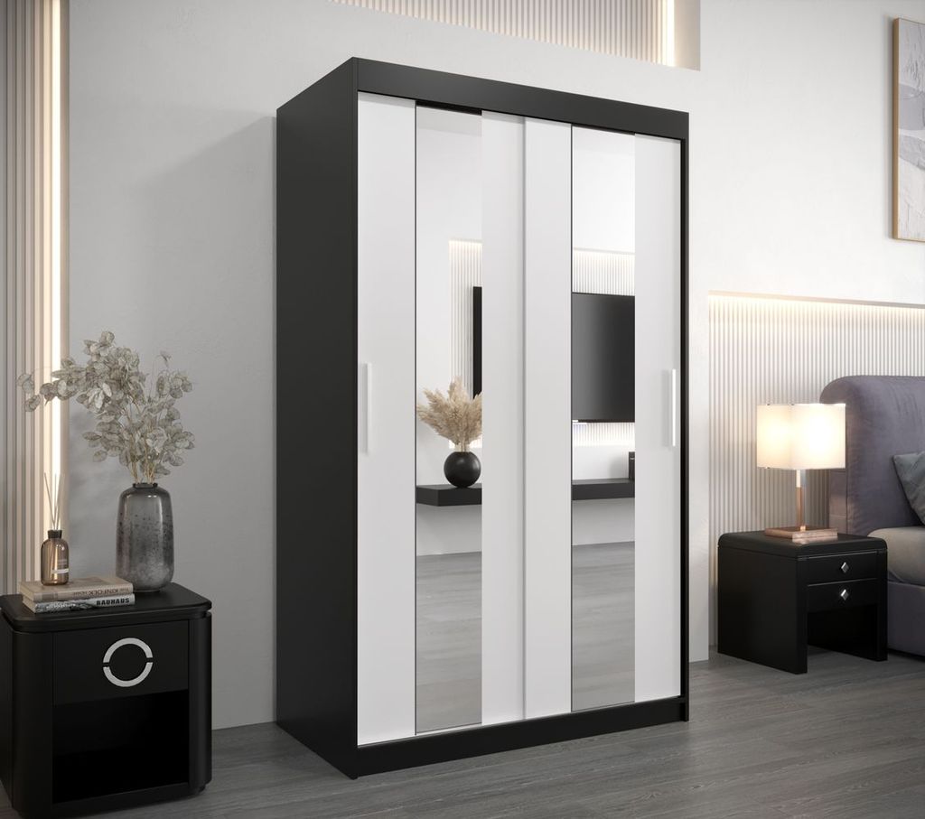 Kleiderschrank mit Spiegeln DIANA – Breite 120 cm, schwarz / weiß