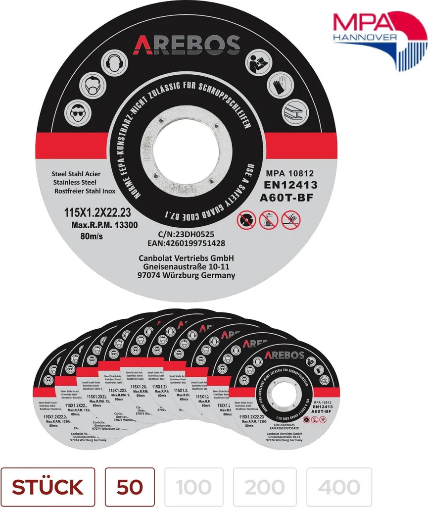 Arebos Dischi da Taglio 115mm Standard EN 12413 per Inox - 50pz