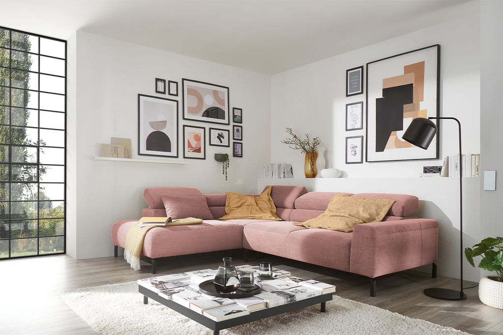 KAWOLA Sofa DELIA Ecksofa Feincord rosa mit motorischem Sitzvorzug Recamiere links