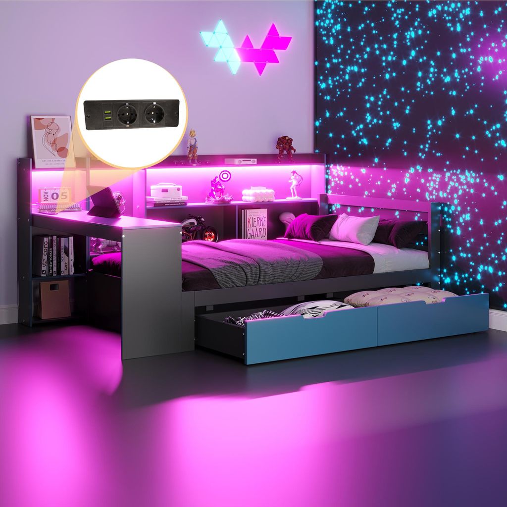 Flieks Schlafsofa Holzbett 90x200cm mit Led, Tagesbett Produktbild 