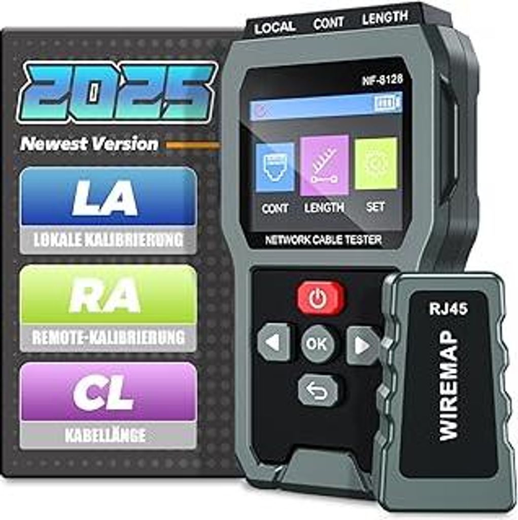 Netzwerkkabeltester 350m Reichweite, 60V Schutz, RJ45 für UTP/STP. Prüft Durchgang, Kurzschluss, Kreuzung. Wiederaufladbar mit Beleuchtung 8128 (...