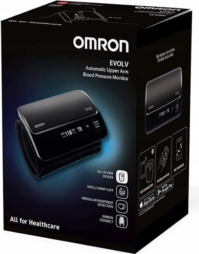 The image shows the retail packaging of an OMRON EVOLV Automatic Upper Arm Blood Pressure Monitor.