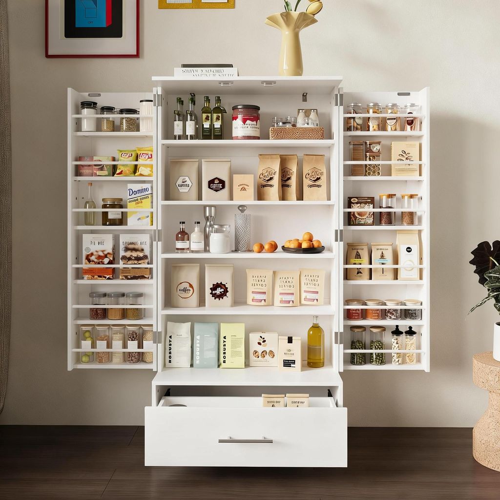 Küchenschrank, Lebensmittelschrank mit Doppeltüren, Sideboard, Vorratsschrank, Buffetschrank, Beistellschrank, Küchenmöbel, Weiß, MDF, 60×30...