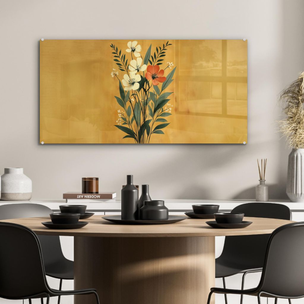 MuchoWow Glasbilder - Bilder auf Wandbild - Foto auf Glas Blätter - Blumenstrauß - Gelb 80x40 cm Wanddekoration aus Glas - Acrylglasbild - Acrylb...