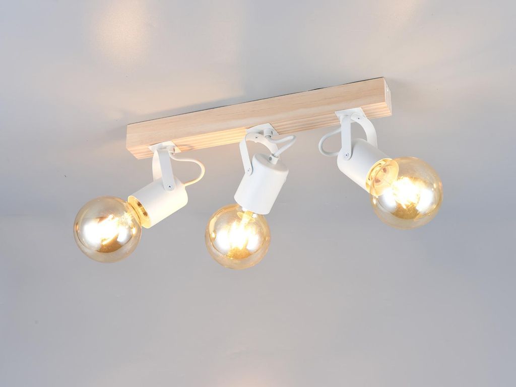 LED Deckenstrahler Metall Weiß mit Holzbalken Deckenspots schwenkbar, B: 42cm