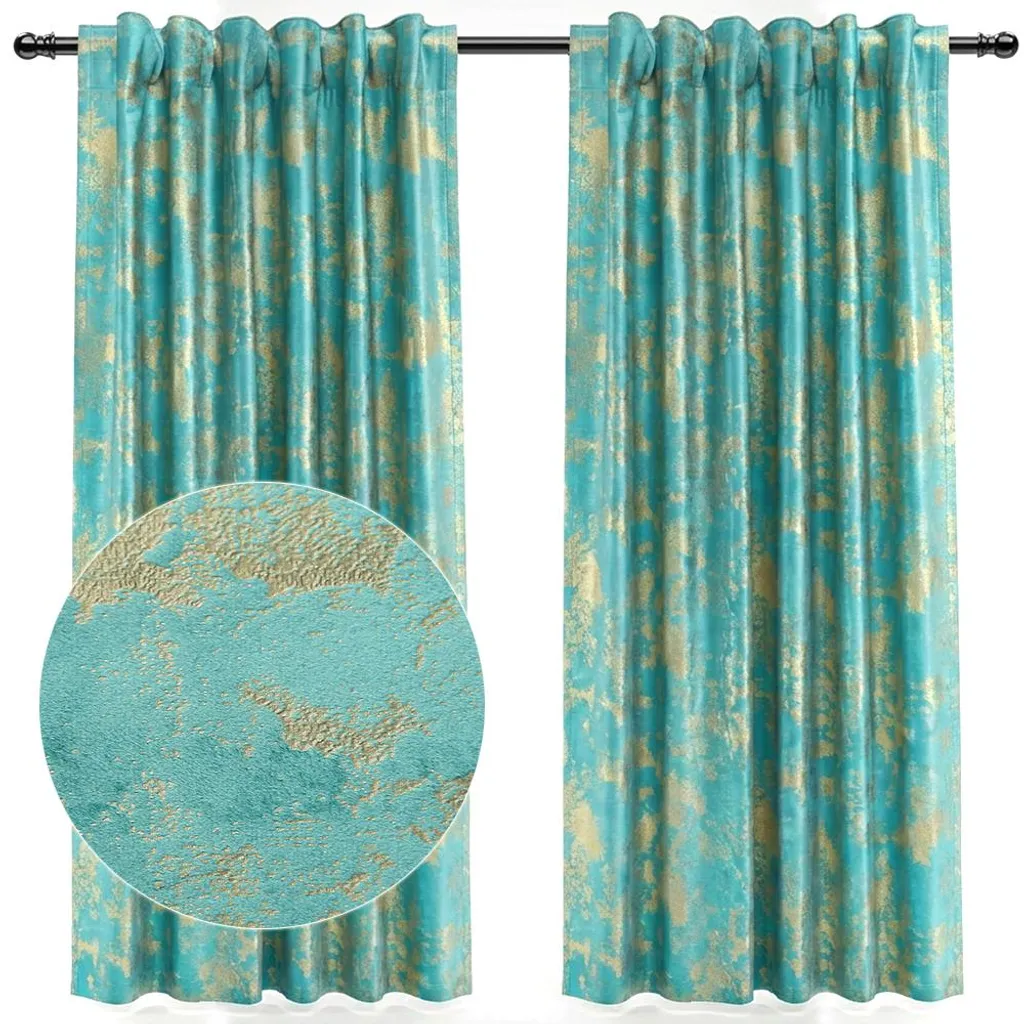 Tende Lusso Velluto Blu Verde Stampa Oro 132x244 - Termoisolanti