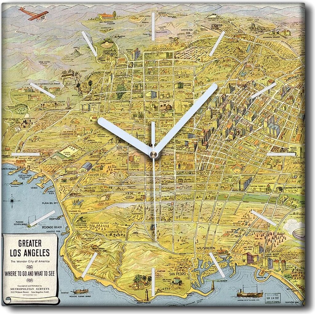 Coloray Uhr auf Leinwand 30x30 cm Wand Uhr Dekoration Wohnzimmer Segeltuch weiße Zeiger -Karte von Los Angeles Retro