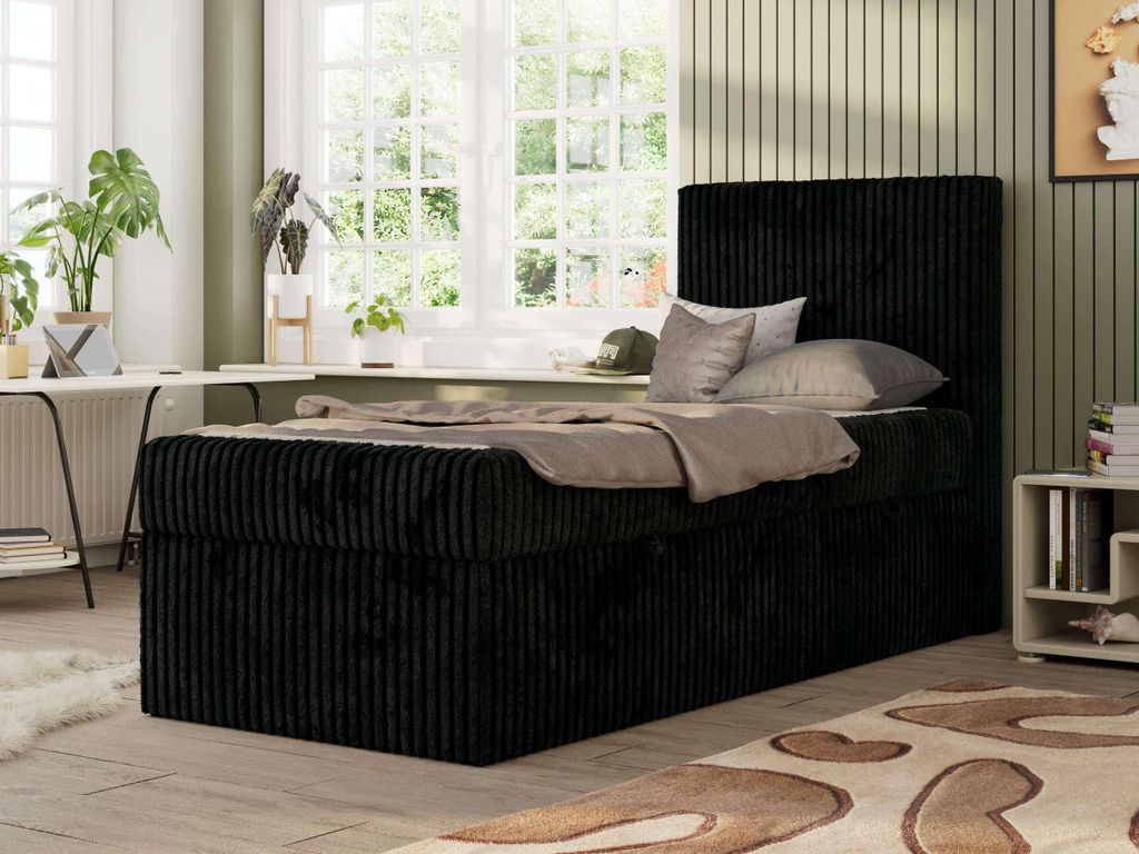 MKS MEBLE Jugendbett TILIO, Einzelbett mit Stauraum, Cordstoff, Boxspringbett 90x200 mit 7-Zonen-Taschenfederkern H3 - Schwarz Cord - Rechts Seite